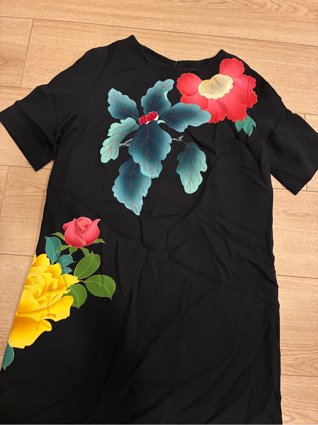 Etro Women’s Black Floral Short Sleeve Sheath Dress Size 46/L